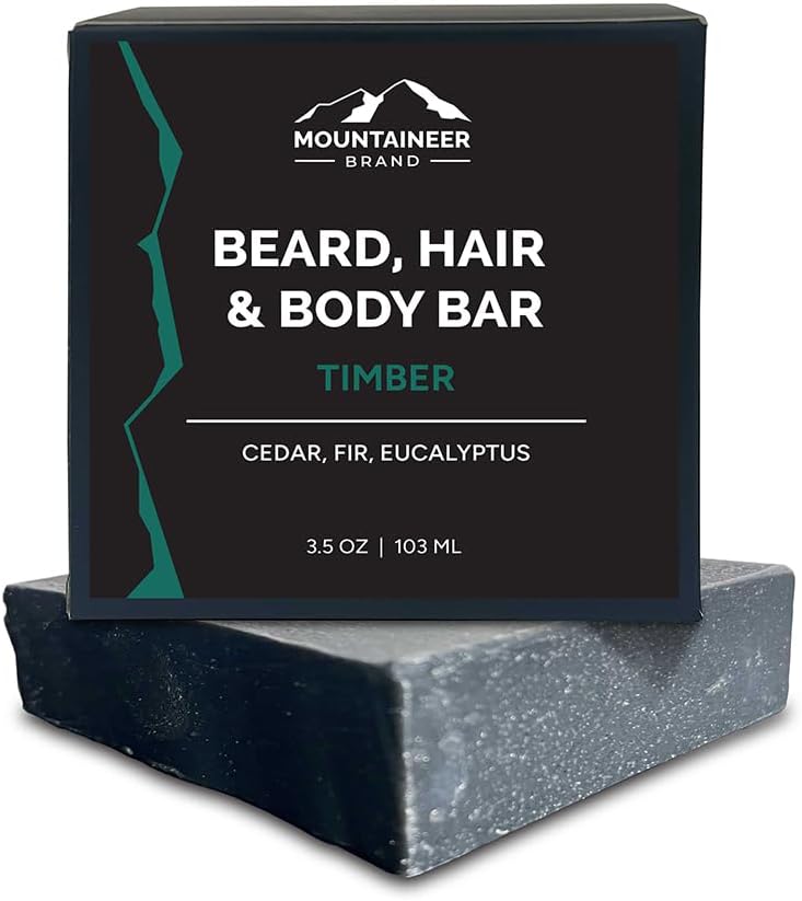 Mountaineer Brand Men’s 4-in-1 Beard Hair and Body Bar Soap - Beard Wash, Body Wash, Shampoo, and Moisturizer, Soap Bar with Manly Scent, Men's Soap Made with Bamboo Charcoal (Timber, 4 oz)
