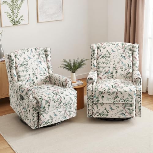 Image of Swivel Rocker Recliner Chairs Set of 2, 360 Swivel Wingback Recliner Chairs for Adults, Upholstered Printed Fabric Glider Rocking Chair with High Back, Deep Seat for Living Romm Bedroom, Bird