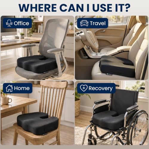 Image of 5 STARS UNITED Seat Cushion - Memory Foam Chair Cushion for Tailbone Pain Relief - Ergonomic Support for Coccyx, Sciatica & Butt - Office, Desk & Gaming Chair, Car Seat, Wheelchair, Airplane, Black
