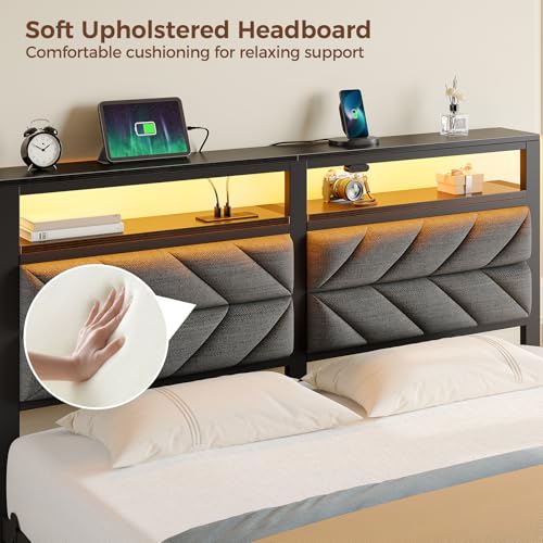 Image of Seventable Full Size Bed Frame with Charging Station & LED Lights, Upholstered Headboard with Storage Shelves, Metal Platform with Under Bed Storage, No Box Spring Needed, Easy Assembly, Dark Grey