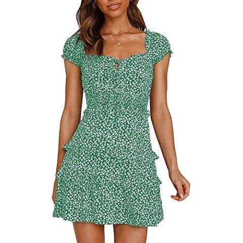 YBENLOVER Women Summer Dress Floral Print Mini Dress High Waist Short Dress Vintage Beach Dress (M, Green) Cover