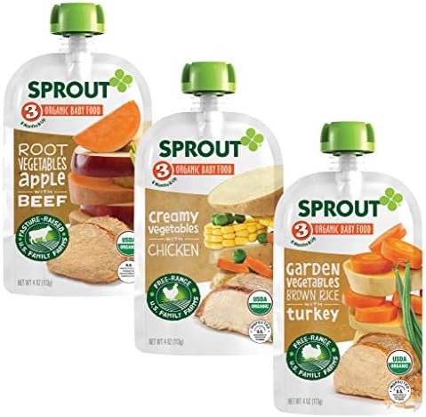 Sprout Organic Baby Food, Stage 3 Pouches, Root Veg & Beef, Creamy Veg & Chicken, Garden Veg & Turkey Variety Pack, 4 Oz Purees (Pack of 18)