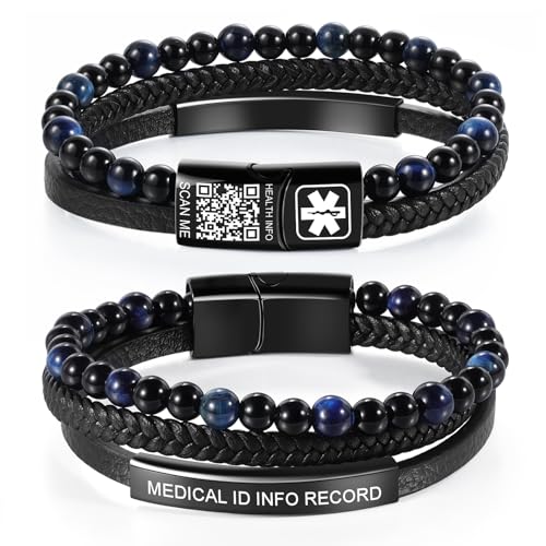 TheluckyTag Upgraded Men's Medical Alert ID Bracelets - 7''-8'' Vintage Woven Leather Wristband With QR Code & Stainless Steel Buckle - More Space for Emergency Info, 7''-9'', Leather, no gemstone