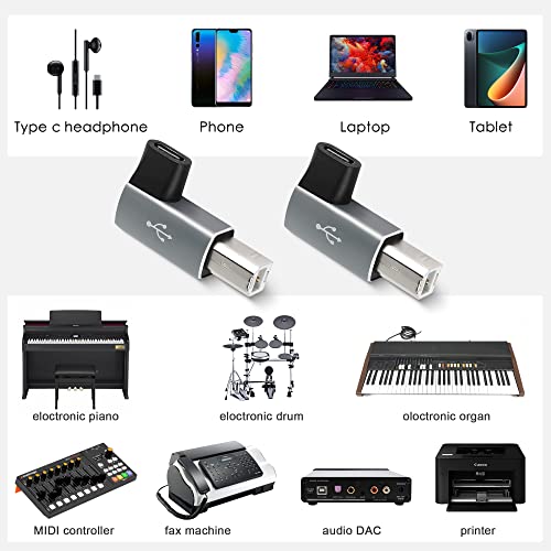 Qianrenon 90 Degree Usb C To Midi Adapter Type C Female To Usb B Male Printer Right Angle Adapter Converter, For Printer Midi Electric Piano Electronic Drum, 2Pcs, Gray #TOP5