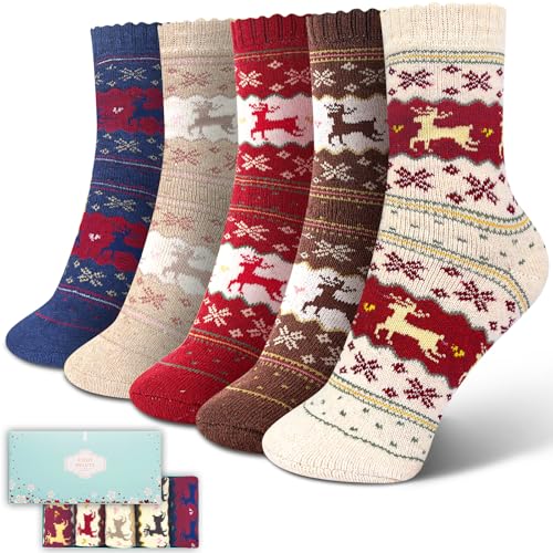 Image of ICEIVY Womens Socks 5 Pairs Wool Warm Cotton Thick Vintage Casual Winter Cabin Crew Fuzzy Socks Gifts For Women