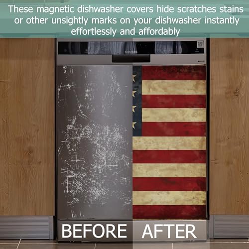 Image of Retro American Flag Dishwasher Magnets Decorative Cover,Memory Day Waterproof Magnetic Dishwasher Cover Panel,Refrigerator Magnet Cover for Kitchen Home Decor 23x26 Inch