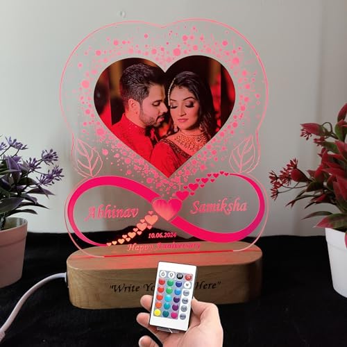 Image of Acrylic 3D LED Photo Lamp, Personalized Heart Shape, Digital UV Printed Photo, for Couples, Wife, Husband, Parents, Customized Photo, Name and Date,Multicolor 28CM