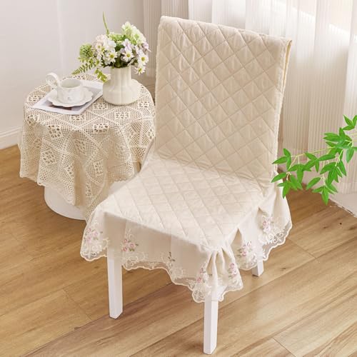 Image of HOMETHREADS Vintage Dining Chair Protector Cover, Quilted Cotton with Lace Frills, Easy Slip-On Design, Protects Seat & Backrest While Keeping Chair Visible, Washable & Reusable, Beige (Pack of 6)