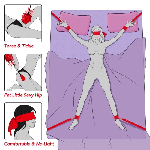 Bed Sex Bondage Kit Restraints - Utimi Upgrade Under Mattress Bed Bondage Bdsm Sets With Wrist Ankle Cuffs And Tickler Blindfold Adult Sex Toys Games For Men Women And Couples | Red #TOP3