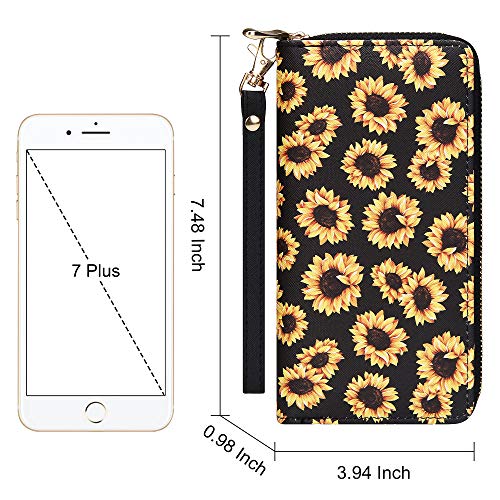 KUKOO Women’s Printed Zip Around Wallet Phone Clutch Purse Card Holder Organizer (Yellow -daisy-1)3