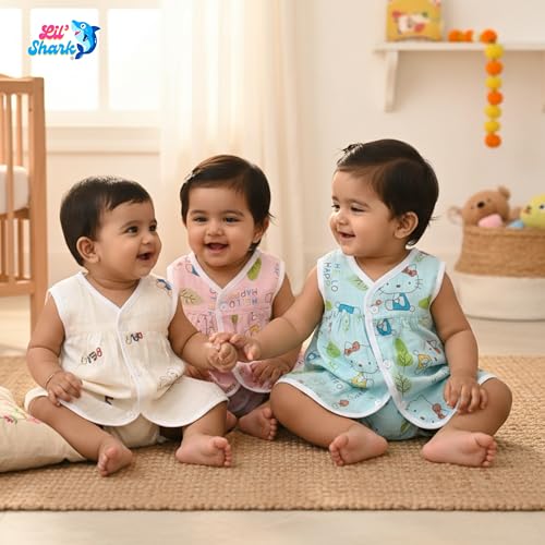 Image of Lil' Shark Muslin Cotton Frock Jhabla Set for Newborn Baby Girls | Sleeveless Vests | Summer Baby Dress 0-12 Months | Breathable Clothes | Assorted Prints