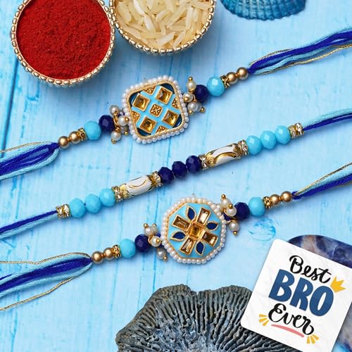 Image of eCraftIndia Set of 3 Blue Designer Rakhis, Best Bro Ever Fridge Magnet with Roli Chawal Pack - Rakhis for Brother, Bhabhi, Kids