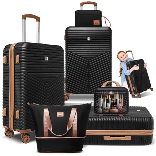 Image of Hoteel luggage Sets 6 Piece Carry on Luaagae Suitcases with Spinner Whells & TSA Lock (4-YEAR WARRANTY), Carry on Suitcase ABS+PC Hard Shell Travel Suitcases (13in /20in /24in /28in /DB /TB, Black)