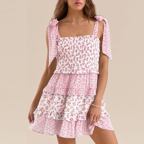 Image of Women Tie Shoulder Mini Dress Floral Ruffle Babydoll Dress Boho Square Neck Sundress Cute Summer Dresses