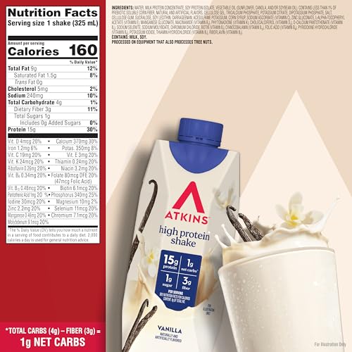 Image of Atkins Vanilla High Protein Shake, 15g Protein, Low Glycemic, Low Carb and Low Sugar Protein Shakes, Keto Friendly Ready to Drink Shakes, 12 Vanilla Flavored Protein Shakes