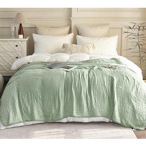 Image of SANACYNA Muslin Blankets for Adults 6-Layer Gauze 100% Cotton Green Bed Blanket Lightweight Soft and Breathable Blanket for Sofa Couch Bed Coverlet Keep Warm (Mint Green, Queen 90 inch X 90 inch)