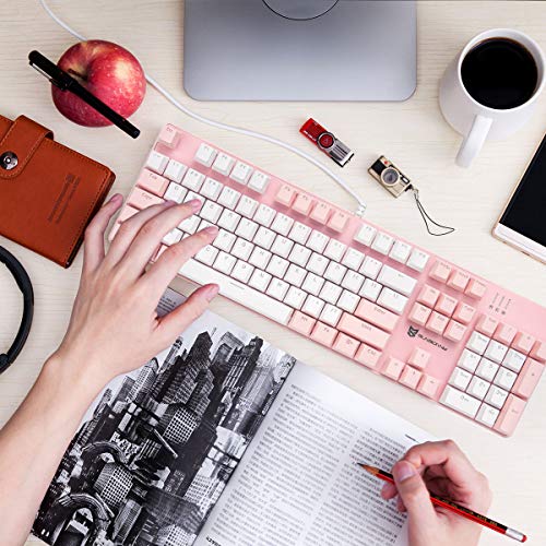 Image of Merdia 104 Keys Full Size Mechanical Keyboard | Brown Switch, Pink & White Color 104 Keys US Layout Led Backlit Hot Swappable Wired Mechanical Light Up Pink Keyboard | Wired Gaming Computer Keyboards