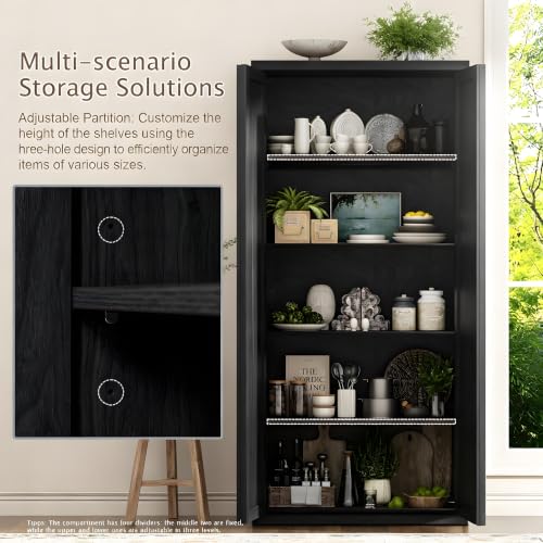 Image of Yechen 67 inch Tall Kitchen Pantry Cabinet,Rattan Storage Cabinet with Solid Wood Integrated Handle​and Adjustable Shelves, Cupboard with Doors for Livingroom, Dining Room, Dark Black (2 Piece)