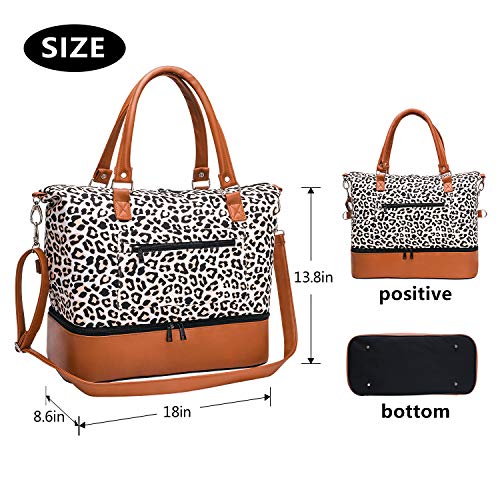 Women Travel Duffle Bag Canvas Carry On Tote Weekender Overnight Bag with PU Leather Shoulder Strap and Shoe Compartment Leopard 18 Inch