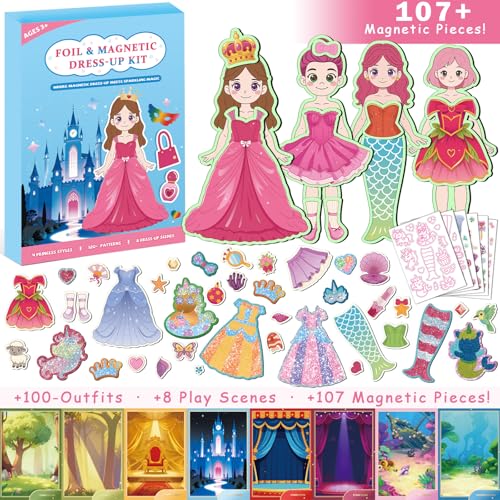 FLUXOJOY Magnetic Dress Up Dolls for Girls 4-8, Princess Mermaid Fairy Ballerina Dressing Up Kit, Foil Art Craft DIY Toy with 107 Magnetic Pieces & 8 Scenes, Travel Activity Birthday Party Favor Gift