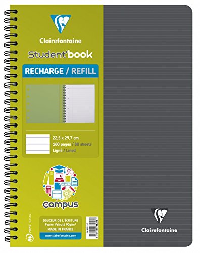 Clairefontaine 888215C - Un cahier-Recharge à spirale Campus pour Student'Book 22,5x29,7 cm 160 pages lignées avec marge et cadre - couverture carte couleur aléatoire