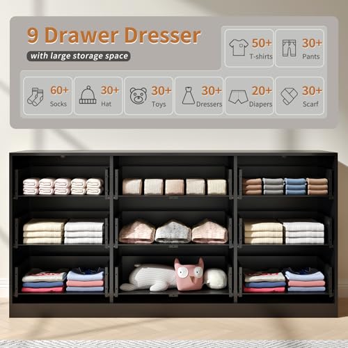 Image of Dresser for Bedroom with 9 Drawer, 63 inch Long Black Dresser Modern Chest of Drawers with Metal Handle, Wood TV Stand Storage Organizer for Bedroom, Living Room, Black