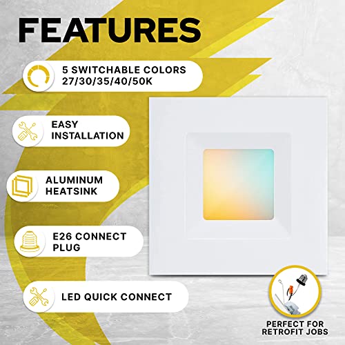 Nuwatt | 4 Pack | 5/6 Inch Retrofit Led Square Recessed Lighting, Selectable 2700K 3000K 3500K 4000K 5000K, 1100 Lumens 14W, Dimmable Ceiling Light, White Square Trim Can Light Wet Rated, Etl Listed #TOP3