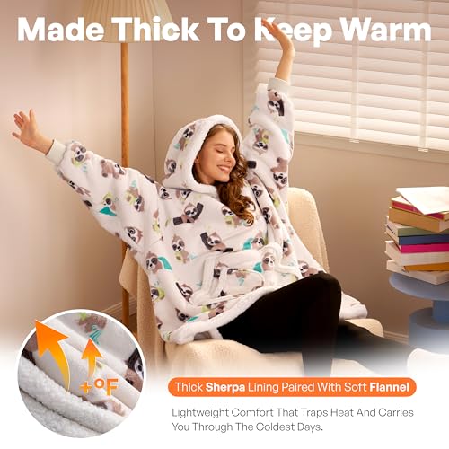 Image of Giggling Getup Wearable Blanket Hoodie for Adults Gifts for Teen Girls Sister Women Sherpa Fleece Printed Hooded Blanket Sweatshirt Warm Cozy with Pocket & Sleeves Cream Sloth