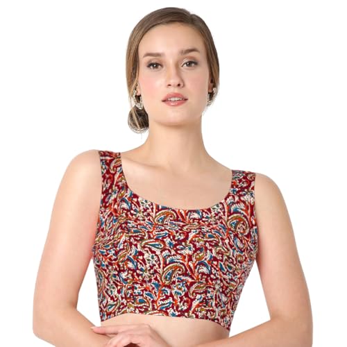 Chandrakala Cotton Printed Blouses for Women sarees, Sleeveless Ajrakh Print Crop top Choli (B224-P)