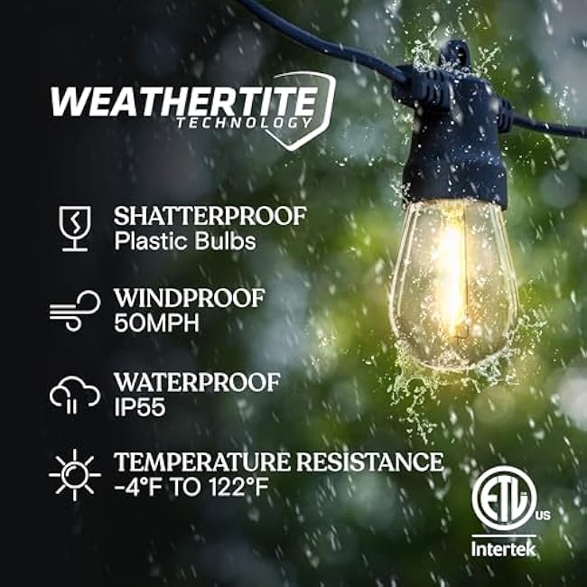 Brightech Ambience Pro Solar Powered Outdoor String Lights -27 ft Commercial Grade Waterproof Edison Patio Lights, Shatterproof LED String Lights for Outside, Porch - 12 Bulbs, 1W Soft White