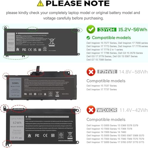 Image of 56WH 33YDH Laptop Battery for Dell Inspiron 17 7000 7778 7779 7786 7773 15 7577 G3 3579 3779 G5 5587 G7 7588 Latitude 13 3380 14 3490 15 3590 3580 PVHT1 P30E 81PF3 081PF3 (33YDH)