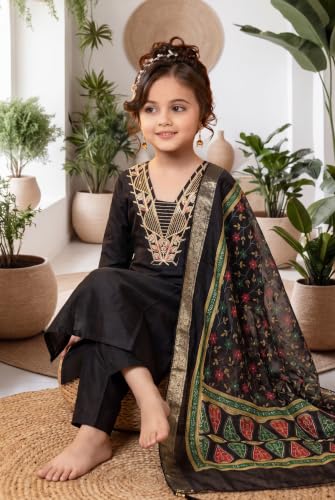Image of Girls Cotton Blend Embroidered Kurta Pant with Printed Banarasi Style Dupatta Set | Festive Ethnic Wear for Kids | Traditional Suit Set for Girls (4-14Years)