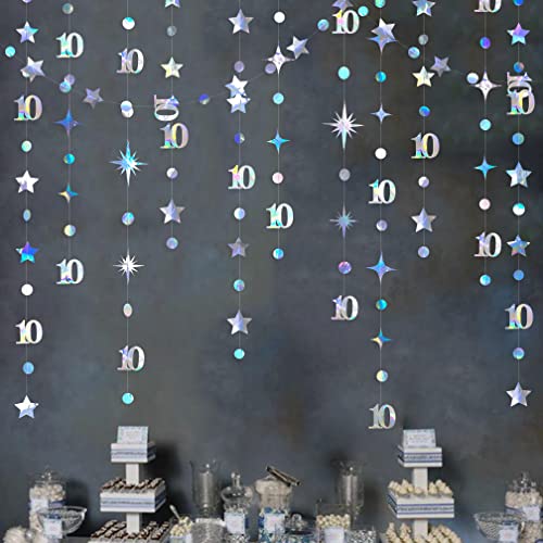 Image of Iridescent 10th Birthday Decorations Number 10 Circle Dot Twinkle Star Garland Metallic Hanging Streamer Bunting Banner Backdrop for Girls Boys Ten Year Old Birthday 10th Anniversary Party Supplies