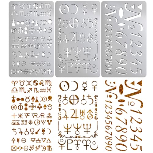 UNICRAFTALE 3 plantillas de metal de 3 estilos de constelaciones de acero inoxidable, símbolos alquímicos, plantillas reutilizables para grabar, pintura, grabado, diario, marcapáginas