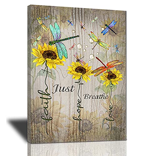 Bulldog Leather Works Sunflowers Dragonflies Decor Canvas Wall Art Just Breathe Inspirational Quotes Wall Decor Vintage Wood Farmhouse Floral Painting Artwork Modern Home Decorations 16 x 24 in