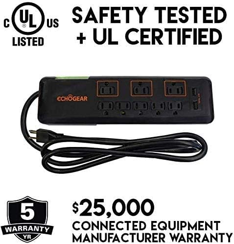 ECHOGEAR Low Profile Surge Protector Power Strip with 8 Outlets & 2 USB Ports - Best Surge Suppressor with 2160 Joules of Protection - Slim Black Profile is Easy to Store & Wall Mountable