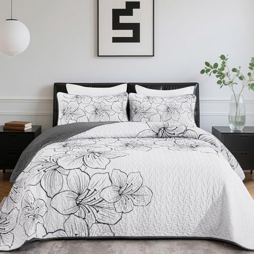 DJY White Quilt Set Queen 3 Pieces Floral Bedding Quilt