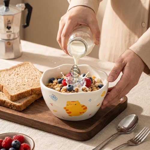 Image of Spooky Cute Ceramic Cereal & Soup Bowls (420ml) | Bowls with Top Waving Design | Microwave Safe Serving Bowls for Ramen, Noodles, Salad, Rice & Breakfast | Katori /Bati /Pyala (Set of 4, Yellow Cat)