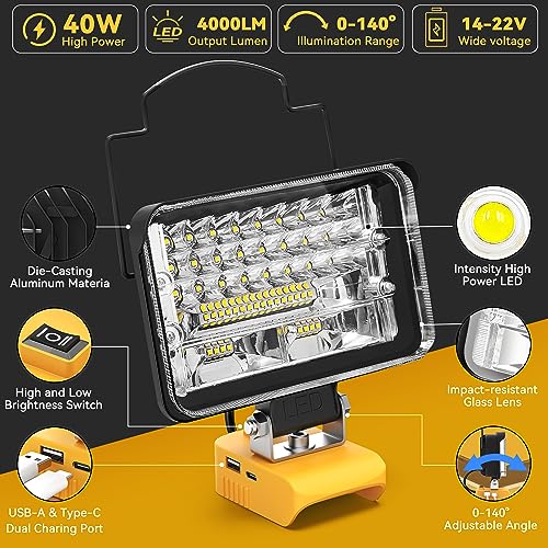 Cordless Portable Light For Dewalt 20V Battery, 40W