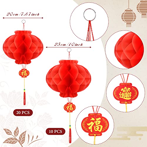 30 Pieces Chinese New Year Decorations Lanterns, 8 Inch and 10 Inch Red Chinese Lanterns Festival Celebration Supplies for New Year, Spring Festival, Party, Wedding and Restaurant