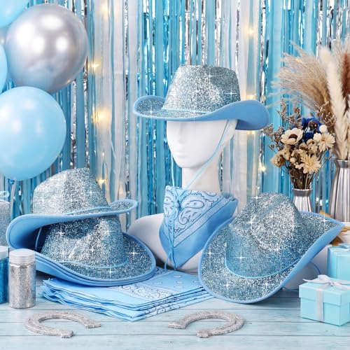 Image of Coume 12 Pcs Sparkly Adults Cowboy Hat and Bandanas Women Men Western Glitter Cowgirl Party Hats with Adjustable Drawstring