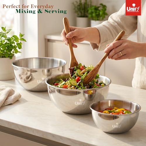 Image of Unify 3 Pieces Stainless Steel Mixing Bowls Set (1100ml, 2000ml, 3400ml) | Katori /Katora Set | Large Kitchen Bowls for Mixing Dough, Salad, Serving | Heavy Duty & Rust Free (Amora Design)