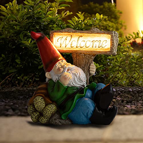 Histoacryl Garden Gnomes Outdoor Decoration, Gnome Tortoise Welcome Sign Sculptures & Statues with Solar Powered Lights, Waterproof Outside Figurine Decor for Patio, Lawn, Yard,Home Ornament