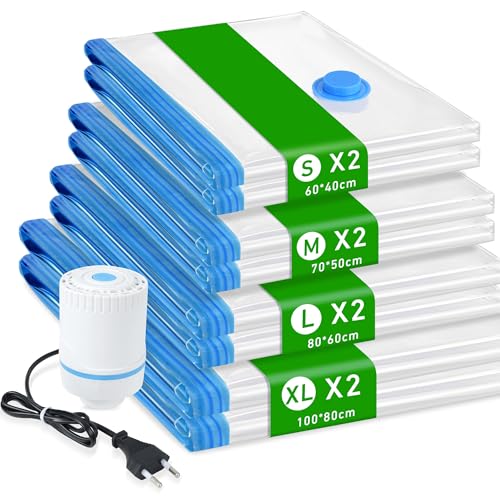 8 Piezas Bolsa de Vacio para Ropa, Bolsa Vacio Ropas con Bomba de Vacío Eléctrica, Bolsas al Vacio Ropa 2XL + 2L + 2M + 2S Reutilizables para Edredones, Ropa de Cama, Almohadas