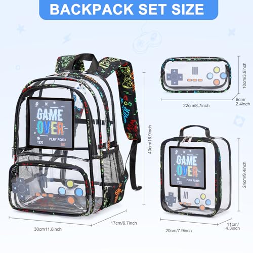 Clear Backpack for Boys, Clear Gamer School Backpack Heavy Duty with Lunch Bag and Pencil Case, Transparent See Through Bookbag Stadium Approved for Teen Boy Kids Elementary Middle High School2