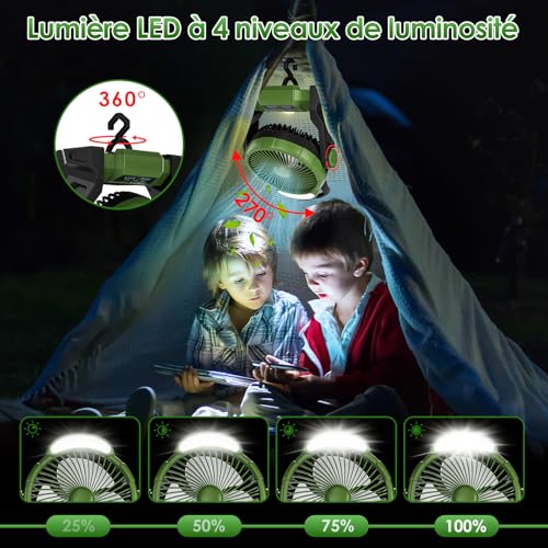 GuKKK Ventilateur Camping, Ventilateur Portable Rechargeable 15000mAh, Ventilateur Puissant avec Lumière LED et Crochet, Timer, 3 Vitesse Ventilateur de Bureau pour Exterieur Maison Camping Car – Image 4