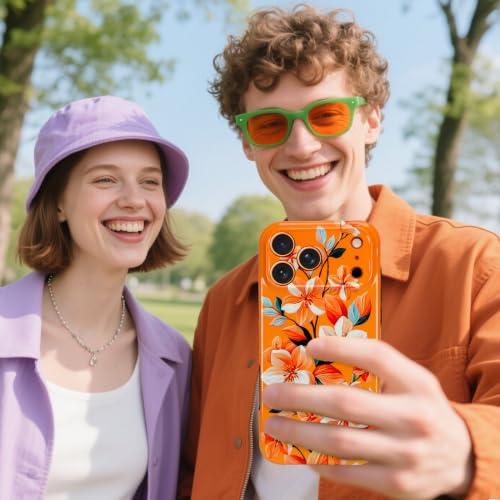Image of Magnetic for iPhone 17 Pro Max Case for Women Girl, Orange Floral | Stylish Flower Pattern Design [Compatible with MagSafe] [Full Camera Protection] 2-Layer Hybrid Shockproof Glossy Phone Case