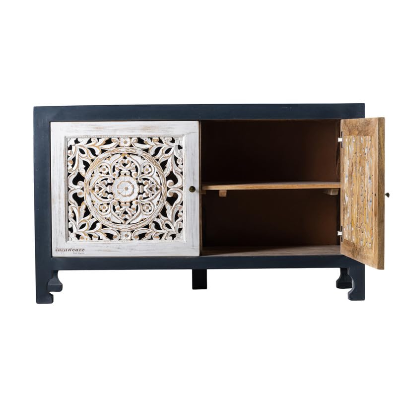 Image of Yepa Wooden Sideboard Cabinet for Living Room | Handcrafted Solid Wood Storage Cabinet with Carved Doors | Crockery Cabinet for Home | Crockery Furniture for Home (White and Grey)