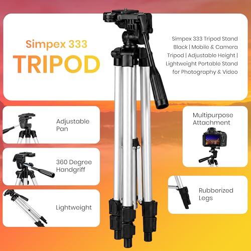 Image of Simpex 333 Aluminium Camera Tripod Stand | Lightweight & Adjustable | Includes Mobile Holder & Carry Bag | Compatible with Smartphones, DSLR, Mirrorless Cameras, GoPro, Photography & Content Creation