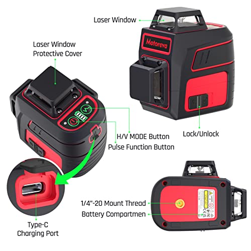 Image of Self Leveling Laser Level 3x360 3D Cross Line Rotary Lasers Green Beam, Pulse Mode Battery Indicator, USB Type-C Charging, 360 Adjustable Liftable Magnetic Base, Li-ion Battery